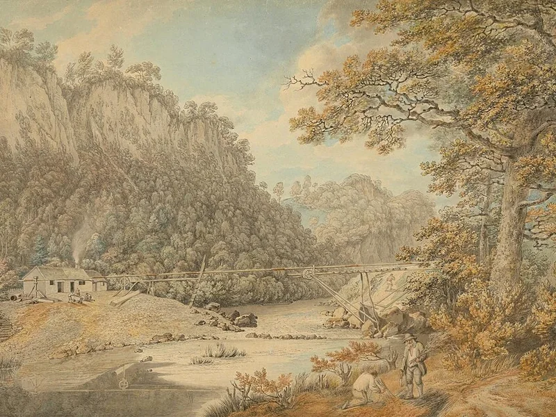 1764-William Day - Una scena nel Derbyshire, stabilimenti industriali che attraversano un fiume